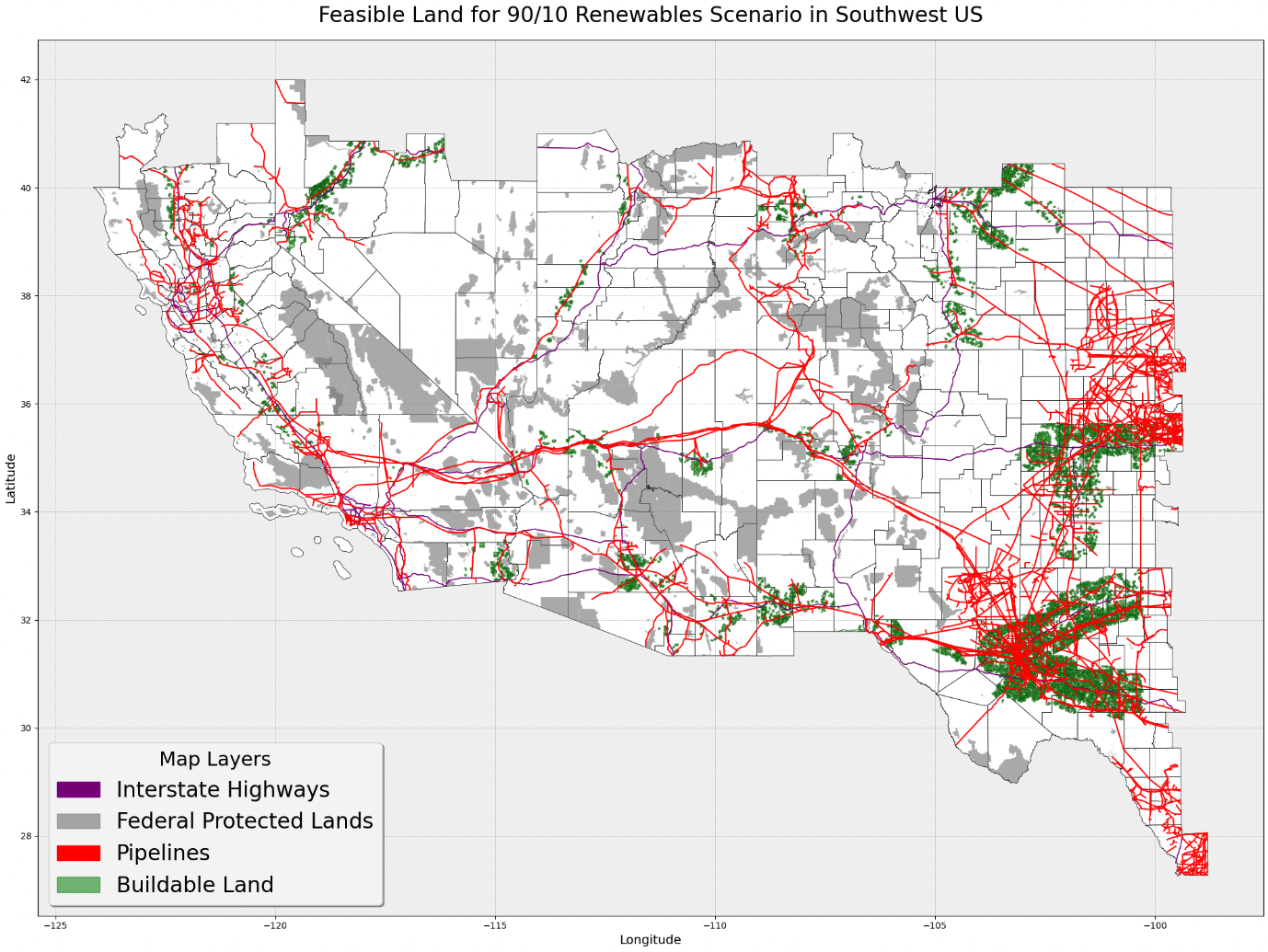 Feasible Land for 90/10 Renewables Scenario in Southwest US