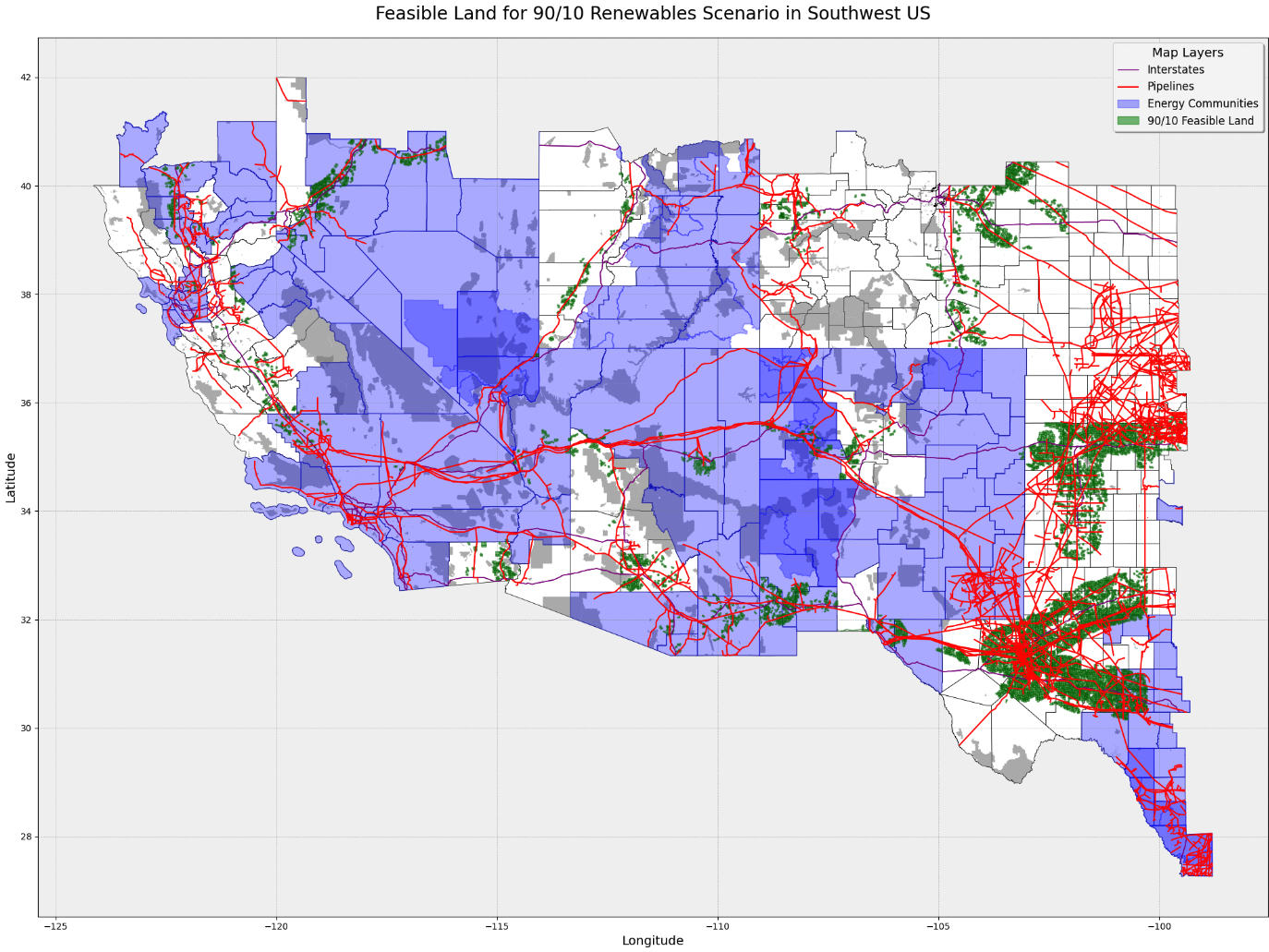 Feasible Land for 90/10 Renewables Scenario in Southwest US