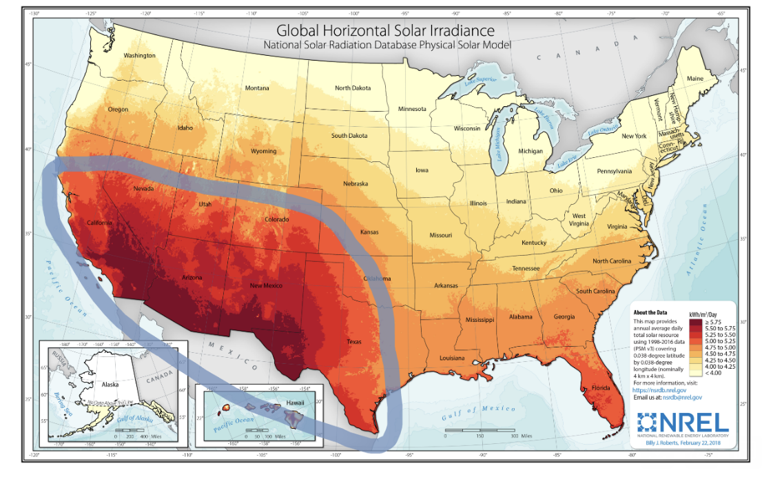 Map of the US displaying average daily solar resource